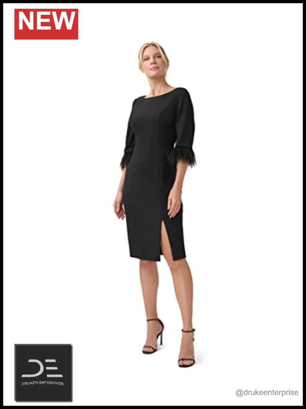 Adrianna Papell Stretch Crepe Sheath Midi Dress Feather Trim 3/4 Sleeve